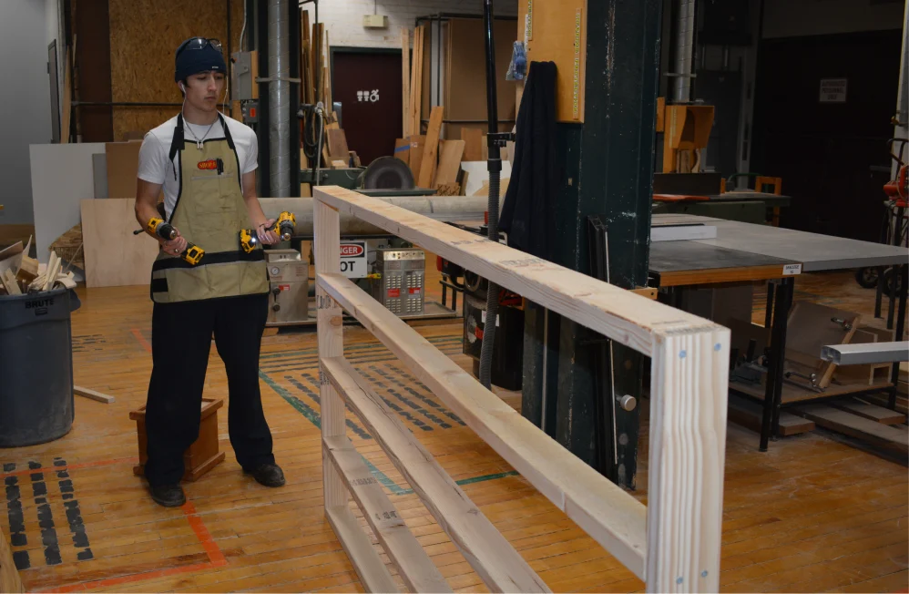 The timber frame standing in the workshop