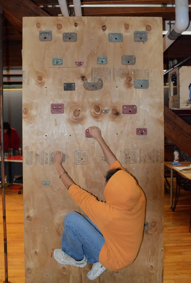 A climber in an orange top on the wall