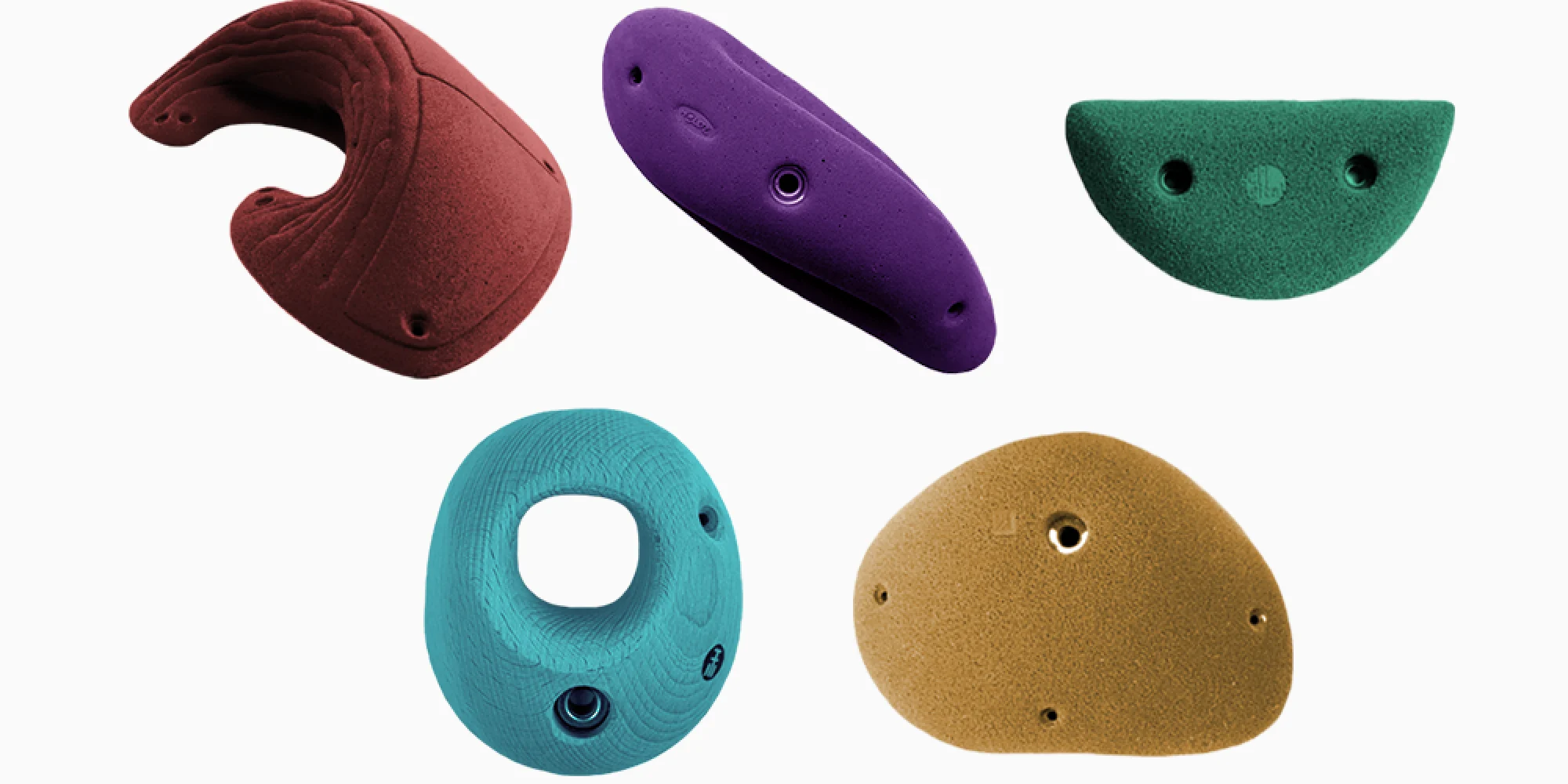 Five coloured polyurethane climbing holds