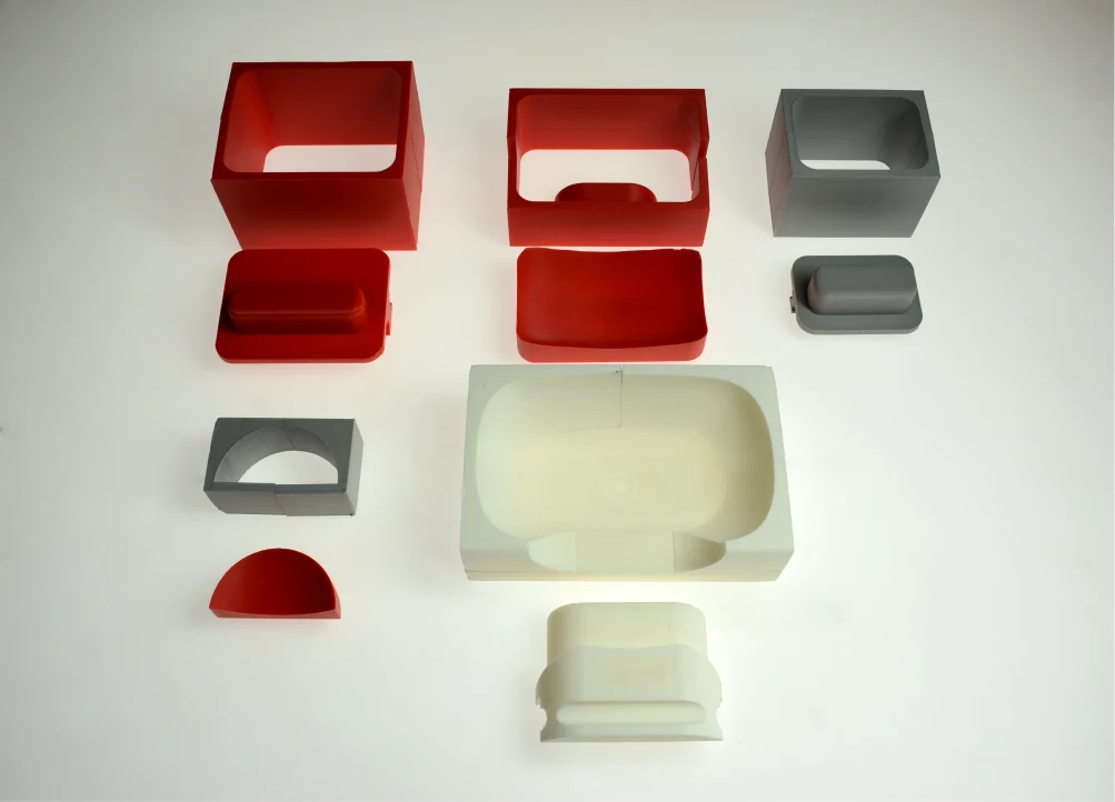 The 3D printed multi-part moulds laid out
