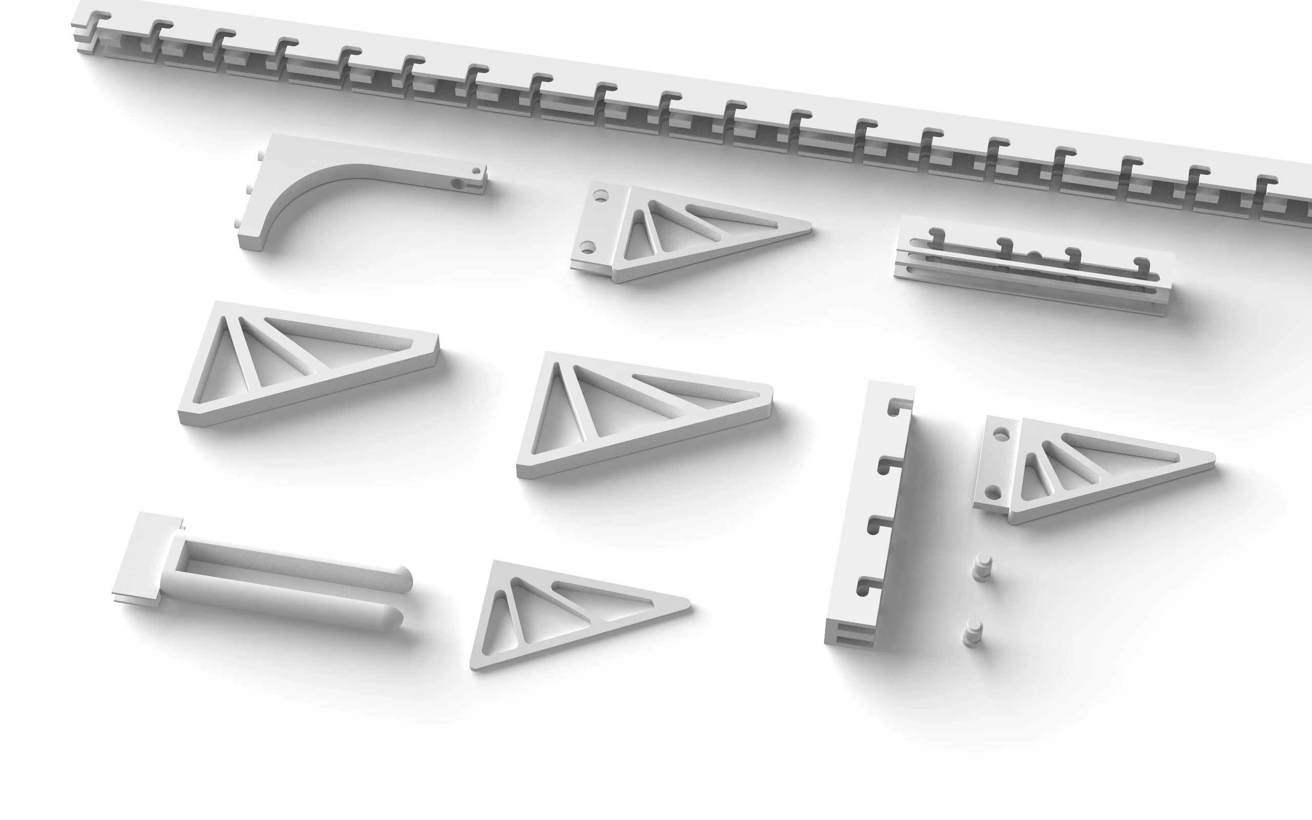 3D printed bracket, rail and pin iterations