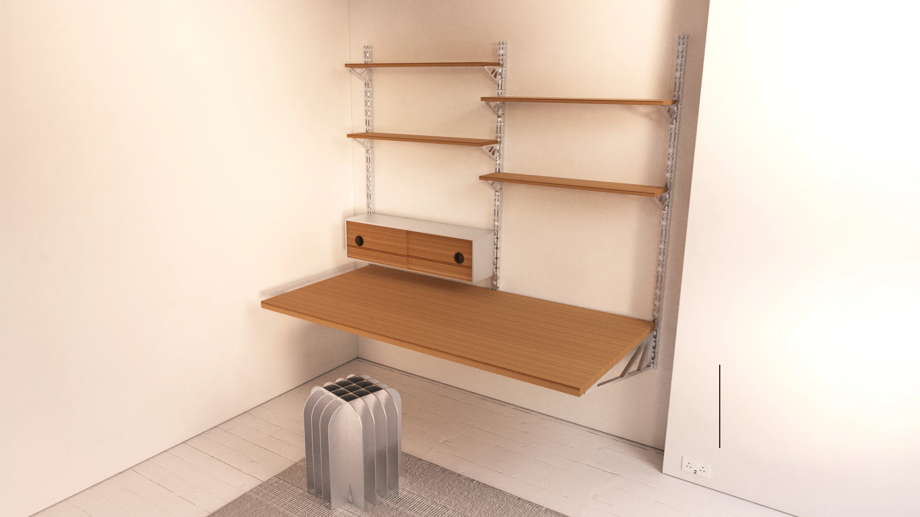 Rendered room with the bracket system holding shelves, a cabinet and a desk