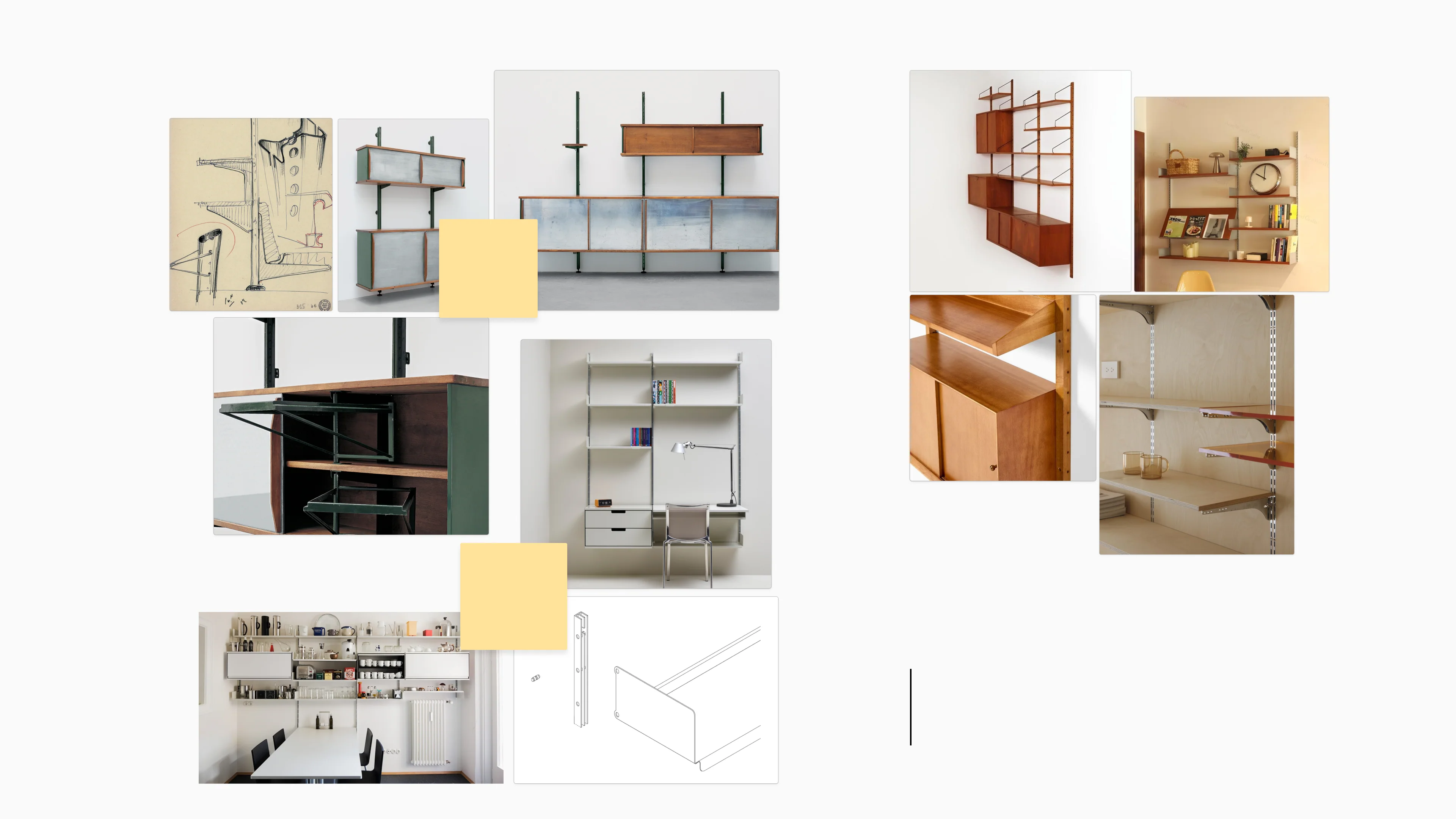 Collage of wall-mounted shelving references, including Jean Prouvé's wall mount and Dieter Rams' 606 Universal Shelving System